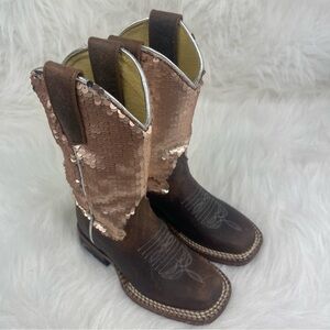 Macie Bean Girls' Sequin Distressed Bison Leather Western Boot Square Toe Size 9